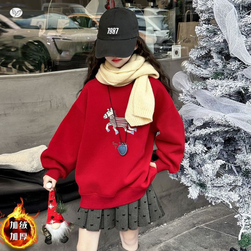 女童2025年秋冬新款小马刺绣加绒卫衣女大童新年迎春喜庆卫衣绒衫，童装卫衣/绒衫，祺儿童装