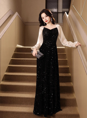 法式宴会晚礼服2026新款黑色泡泡袖蓬蓬长裙毕业季成人礼姐妹团礼