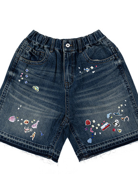 春夏新品潮牌贴纸复古散边流苏松紧腰头百搭牛仔短裤