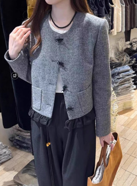 灰色气质小香风羊毛呢编织加羽绒内胆复古拼接荷叶边大码羽绒服潮