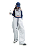 女童2025春款新款撞色拼接垂感直筒卫裤美式辣妹街舞连袖吊带背心，商品下架区，祺儿童装