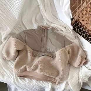 童裝 棉衣女寬松拼接羊羔毛加絨衛(wèi)衣中性加厚保暖外套 兒童秋冬款