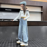 女童拼接牛仔裤2025新款韩版中大童宽松休闲弯刀裤长裤阔腿拖地裤，童装裤子，祺儿童装