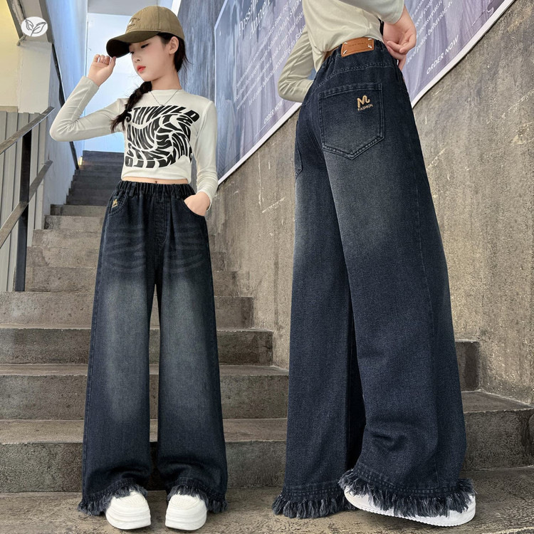 女童直筒牛仔阔腿裤春秋外穿秋季儿童裤子2025新款中大童休闲长裤，童装裤子，祺儿童装