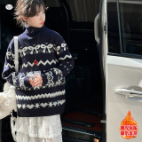 女童加厚领毛衣2025年秋冬新款中大童蝴蝶结针织衫韩系撞色上衣，童装毛衣，祺儿童装