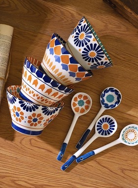 5-inch Bohemian retro underglaze colored ceramic bowl斗笠碗