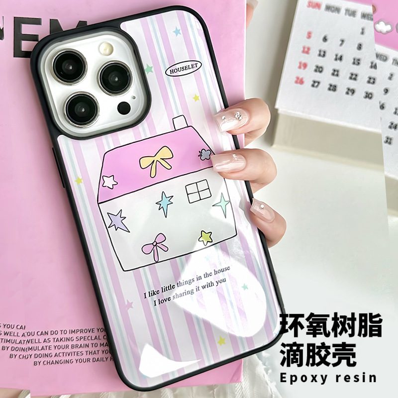 iPhone15手机壳12Pro滴胶壳ins风粉色小房子图案苹果14promax适用13可爱