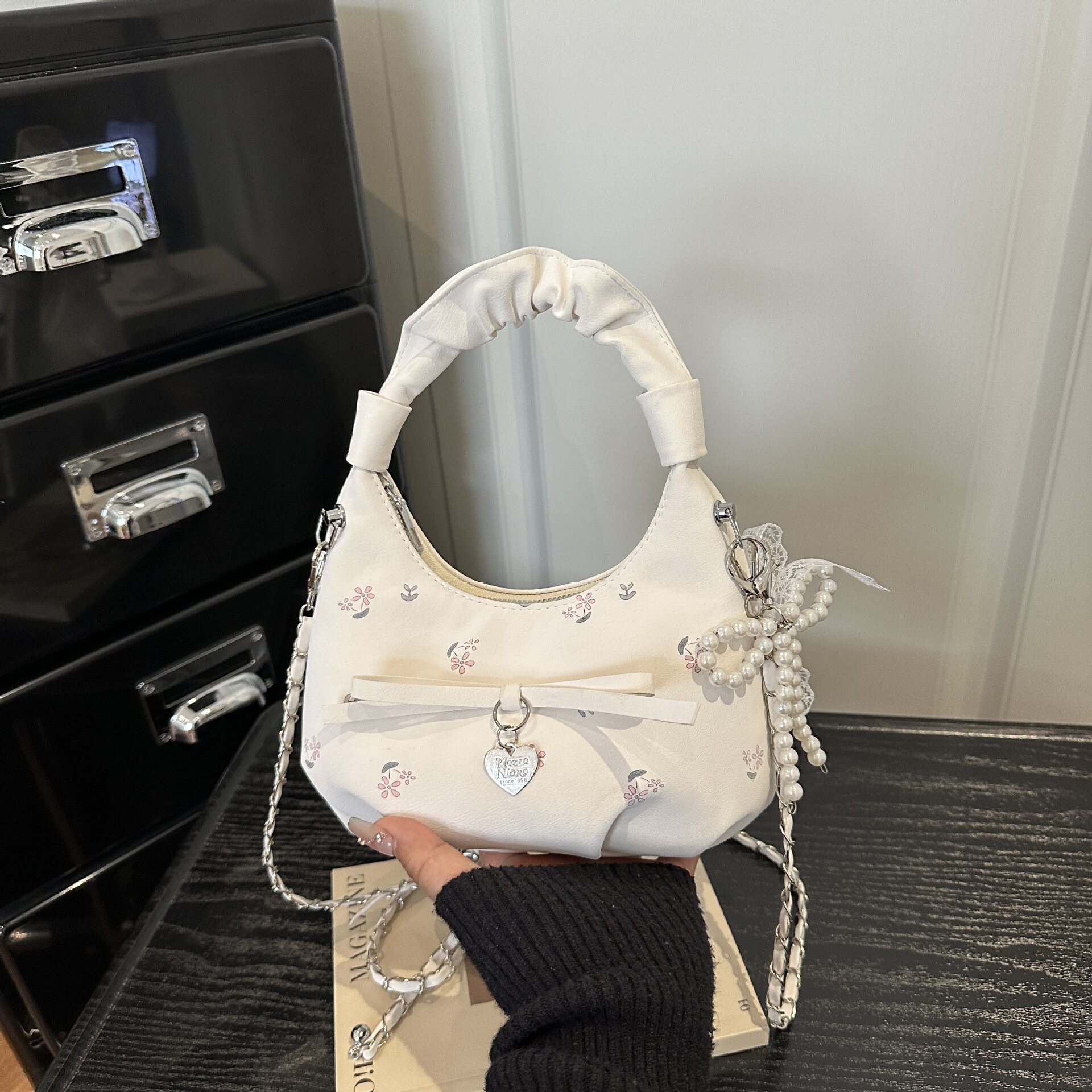 韩版时尚褶皱女士手提包2026新款花朵印花腋下包时尚肩斜挎包包