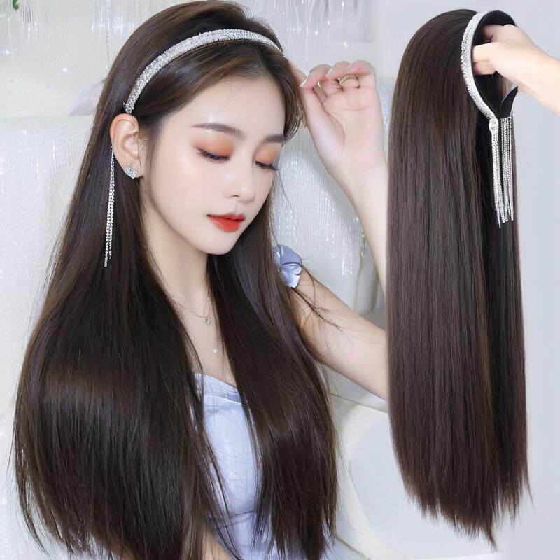 流苏水钻发箍假发女长发抖音带货黑长直发可拆卸发箍假发头套新潮