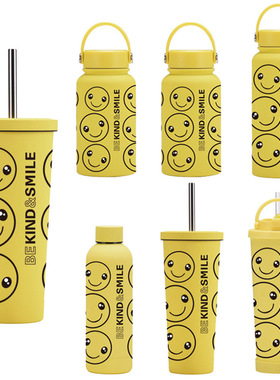 可爱黄色笑脸不锈钢保温杯 吸管奶茶杯 手提运动水杯