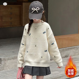 女童秋冬加绒毛衣2025年新款提花针织套头衫中大童百搭打底衫上衣，童装毛衣，祺儿童装