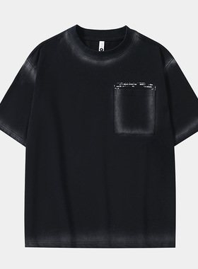 韩版小众喷染做旧设计感宽松T恤男潮流休闲搭配套装黑色上衣83516