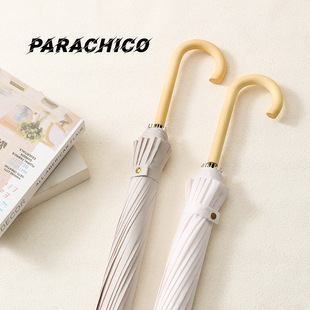 日系16骨纯色长柄雨伞加大加固女复古弯木柄抗风暴雨结实超大伞