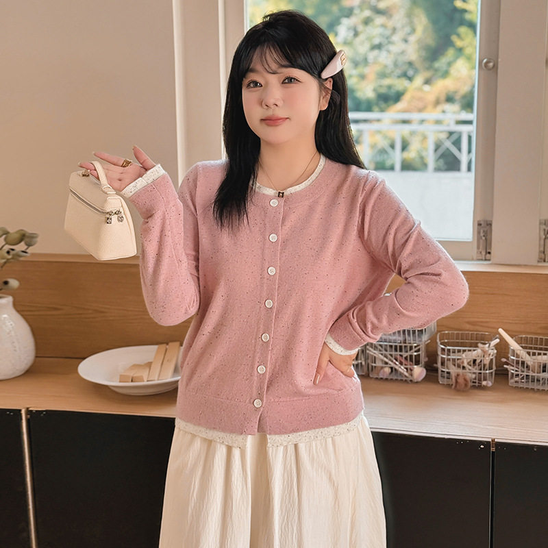 大码女装撞色毛衣2025春款胖mm设计感彩点针织衫女外套22832乃粒