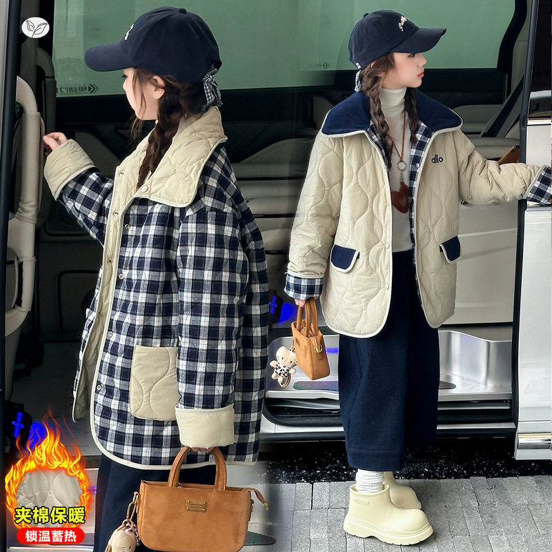 女童夹棉外套2025年秋冬新款中大童双面穿棉服格子拼接夹克衫棉衣，童装棉衣，祺儿童装