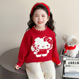 女童卡通毛衣秋冬装2025新款洋气儿童女过年红色针织衫拜年服P67，童装毛衣，祺妙童装