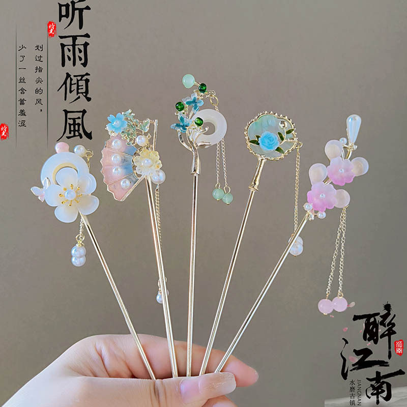 古风花卉流苏发簪新中式发钗子简约现级盘发汉服头饰配饰簪子
