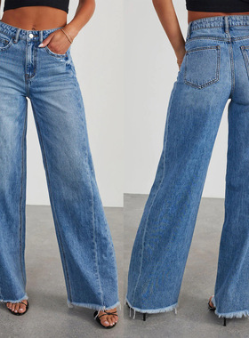 Women's Wide Leg Jeans High Waisted Strechy  Denim Pants女裤