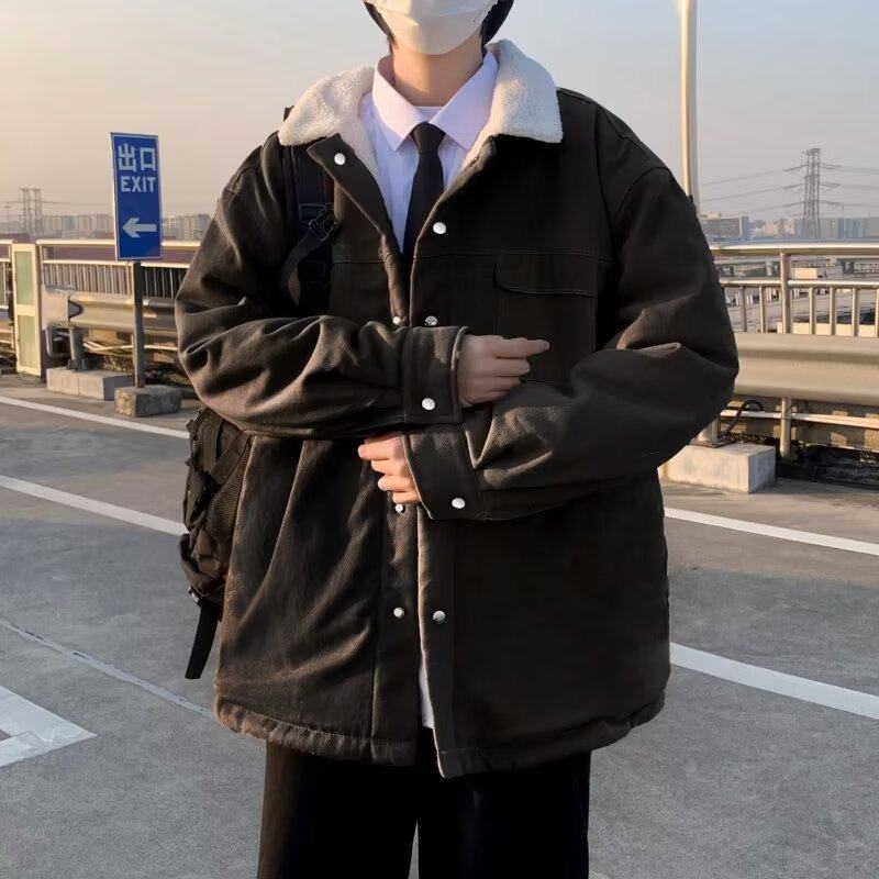 冬装日系复古羊羔绒翻领牛仔棉衣外套潮流宽松保暖棉袄潮新款