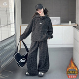 女童豹纹套装加厚2025年秋冬新款中大童时髦连帽卫衣阔腿裤两件套，童装休闲套装，祺儿童装