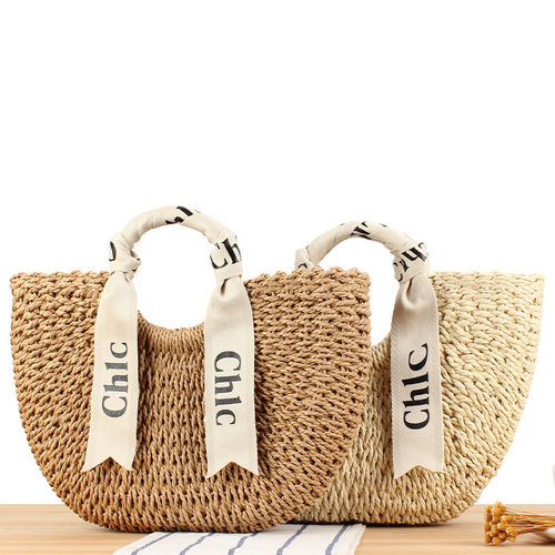 Letter Print Silk Scarf Woven Paper Rope Handbag Spring Outi