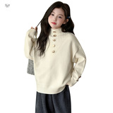 女童加绒毛衣2025秋冬新款立领五粒扣针织衫中大童韩系打底衫春秋，童装毛衣，祺儿童装