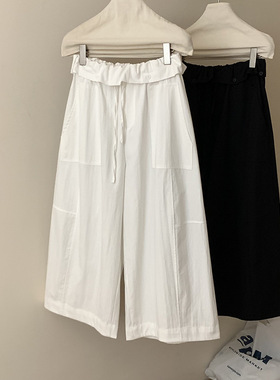 2026夏轻盈花苞裤翻边设计腰头松紧腰阔腿裤宽松九分休闲裤8853