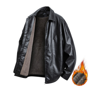 加绒PU皮衣潮胖哥欧美翻领加厚夹克外套加肥加大码 大码 装