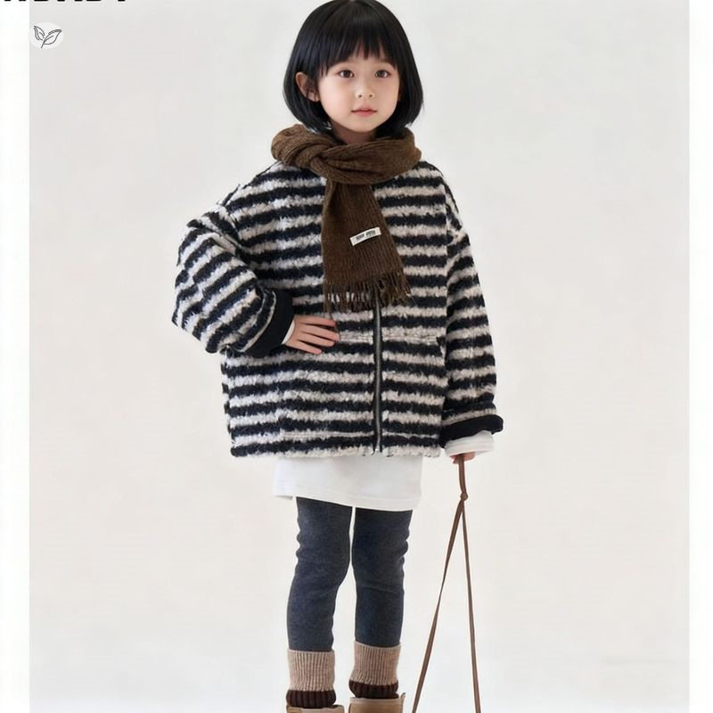 女童加绒外套秋冬2025新款韩版女毛毛衣洋气条纹连帽冬装上衣，童装棉衣，祺儿童装