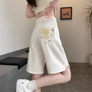 女側邊開叉國風繡花潮牌五分牛仔褲 白色刺繡5分牛仔短褲 2025新款
