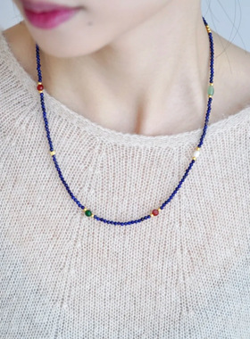 明镜蓝|新款纯银925国风项链优雅气质天然青金石珍珠玛瑙多串珠链