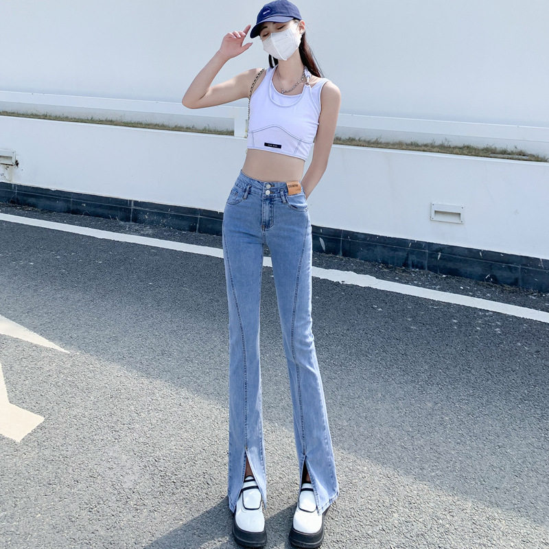 腰垂感拖地开叉牛仔裤女春款新款女装显瘦阔腿喇叭裤