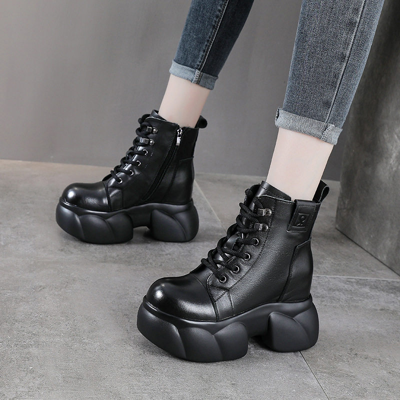 850真皮厚底马丁靴头层牛皮新款内增高女鞋9CM小个子显瘦松糕短靴