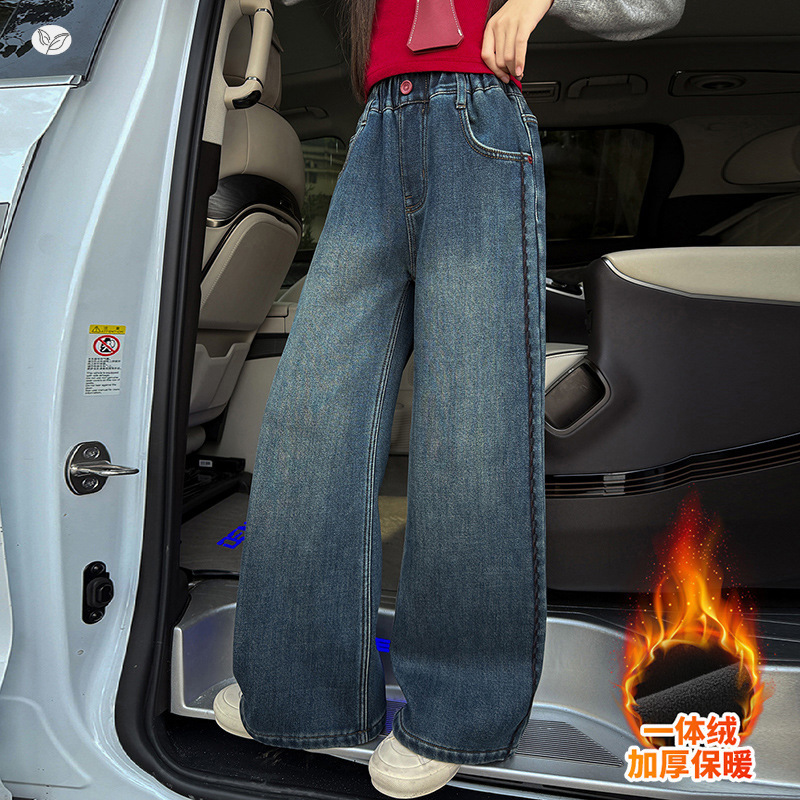 女童2025年冬季新款工艺侧边卡线加绒牛仔裤女大童加厚直筒阔腿裤，童装裤子，祺儿童装