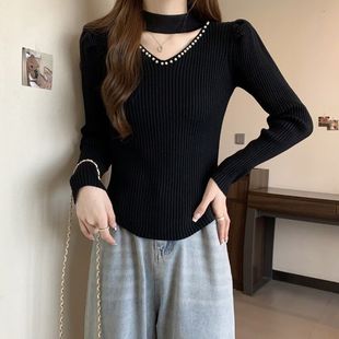 洋气显瘦上衣潮 厚实级感挂脖V领针织打底衫 毛衣女秋季 新款 长袖