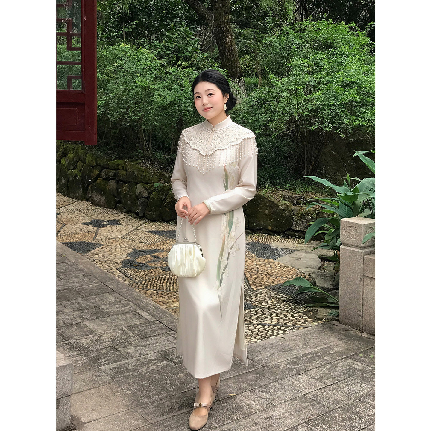 中式国风苏派温婉长袖旗袍+云肩