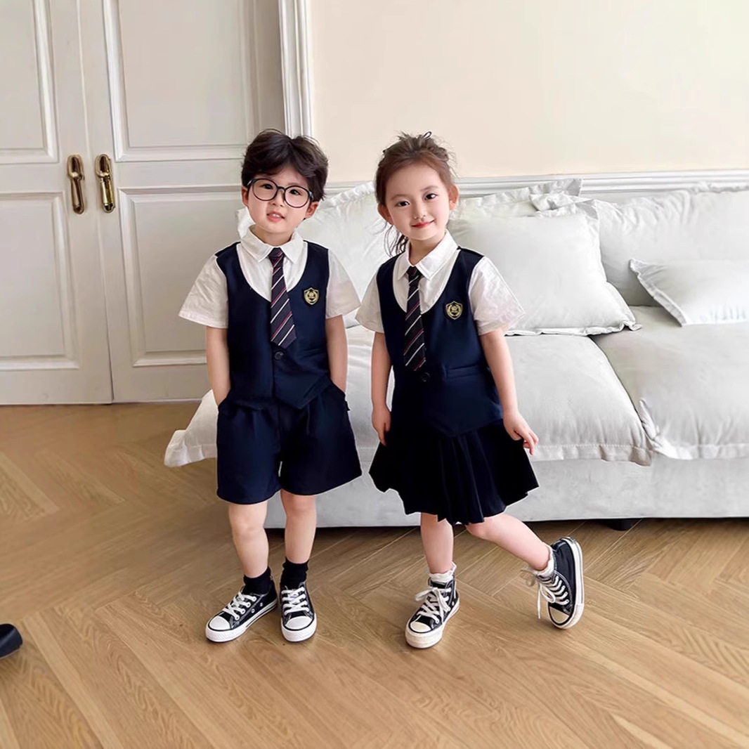 英伦学院风女童假两件JK衬衫春秋季帅气男小童衬衫西装裤礼服套装