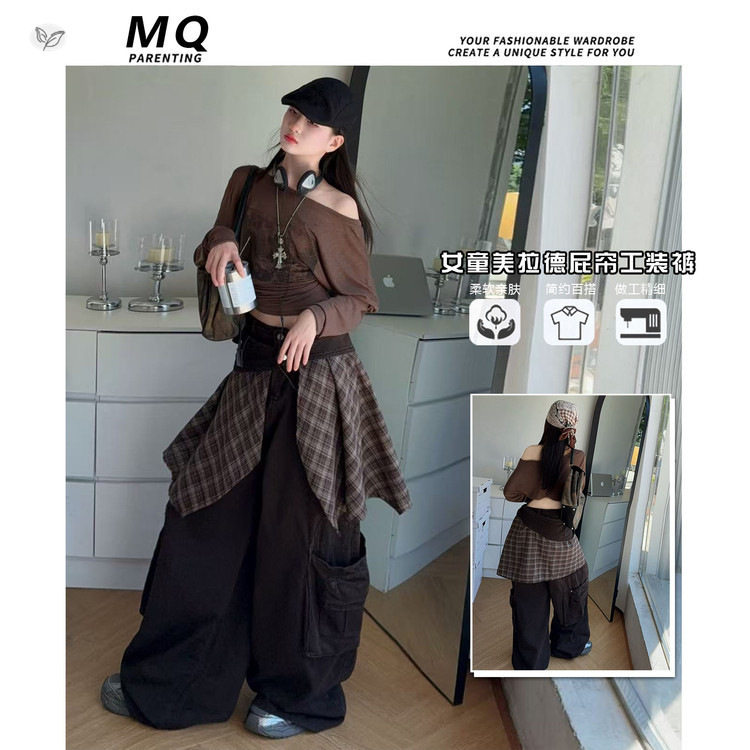 女童美式复古屁帘工装裤套装秋装2025新款中大童T恤阔腿拖地裤潮,童装休闲套装,祺儿童装