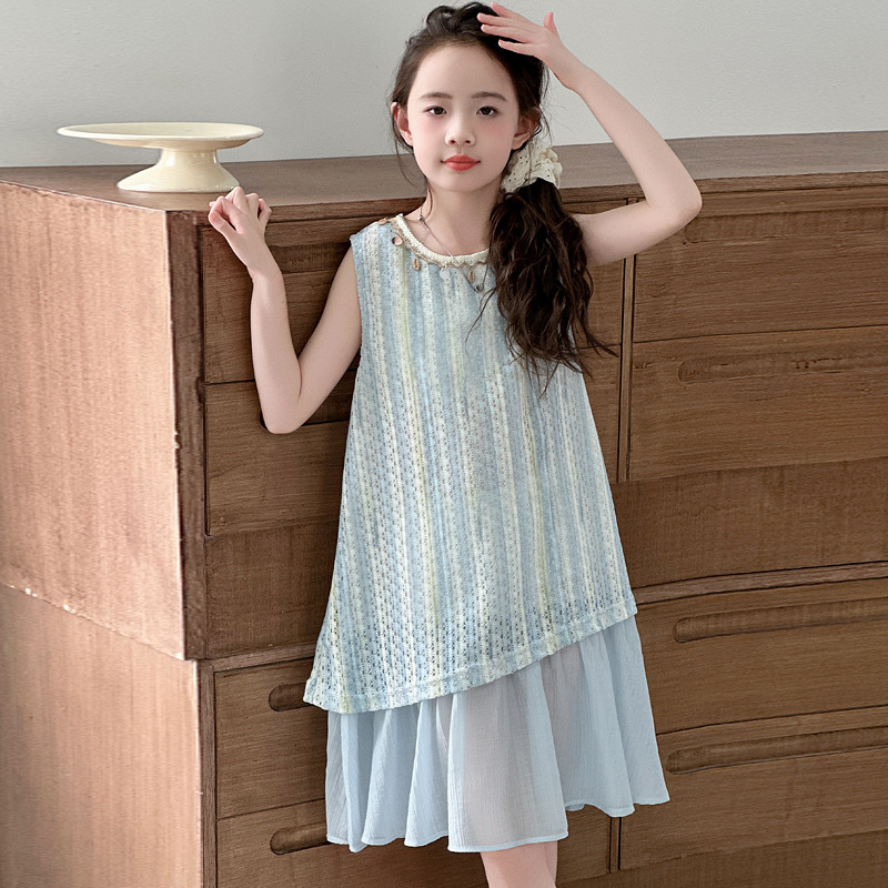 女童夏裙子2025新款波西米亚彩条拼接连衣裙中大童无袖中长裙轻薄，商品下架区商品下架区，祺儿童装