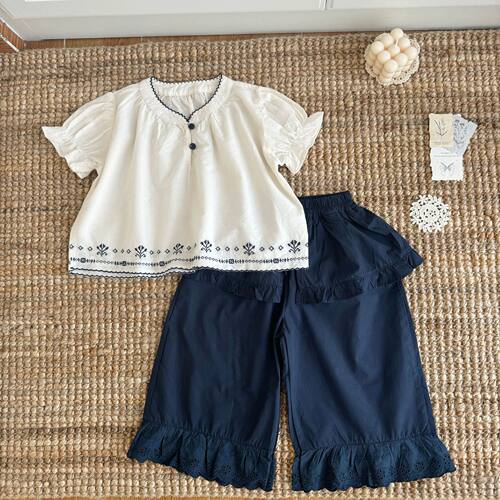 小洛特90-140女童套装夏时髦洋气时尚民族风绣花衬衫搭配长裤套装