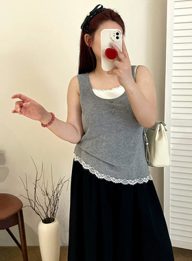 大码女装方领假两件无袖上衣25秋胖mm外穿内搭针织背心乃粒23153