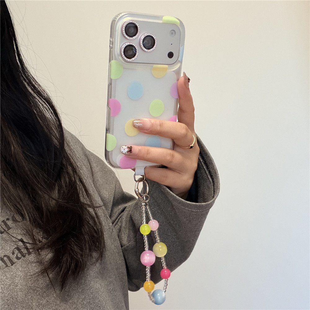 【MU MU MU】韩风甜美透色彩波点适用iphone17Promax苹果16手机壳15双层手珠链