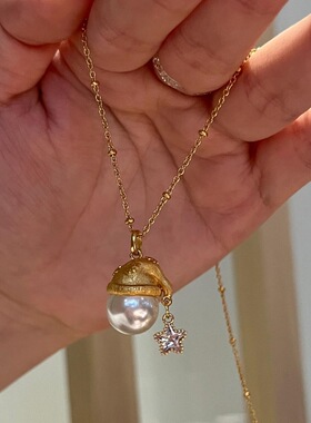 法式轻奢复古拉丝珍珠圣诞帽星星项链小众精致名媛风级感锁骨链