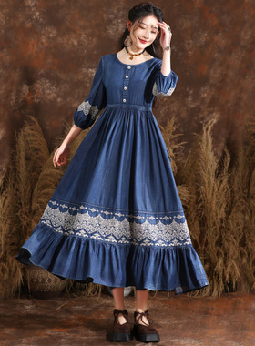 2025夏装新款淑女波西米亚连衣裙复古刺绣七分袖大摆牛仔裙82585