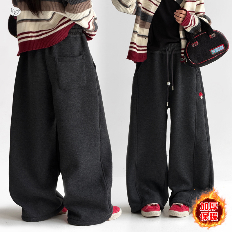 女童2025年冬季新款时尚小蘑菇刺绣加绒休闲裤女大童户外保暖裤潮，童装裤子，祺儿童装