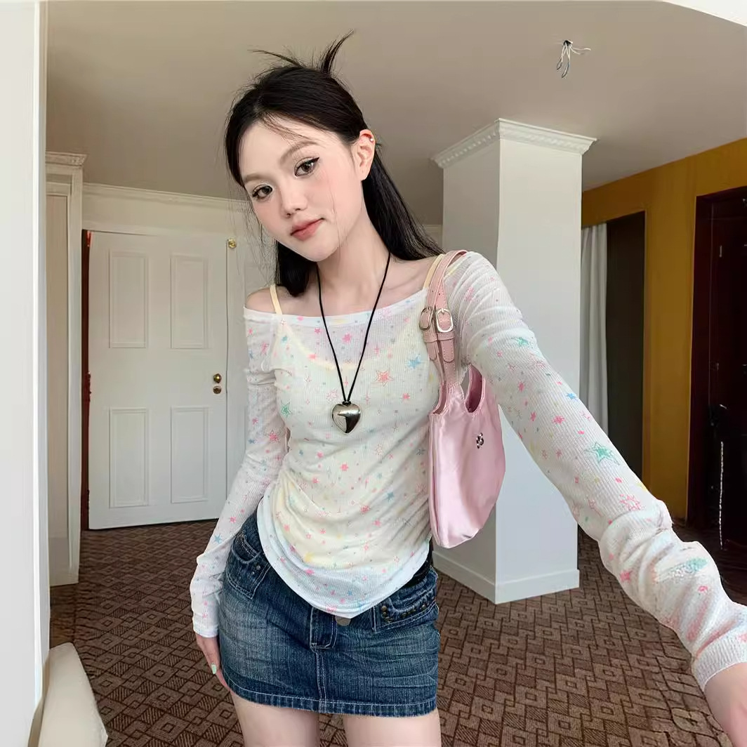 美式辣妹一字肩长袖罩衫防晒T恤女春夏小众修身显瘦休闲上衣ins潮