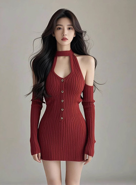 DLGT4620红色挂脖针织连衣裙女秋冬辣妹性感内搭长袖打底包臀短裙