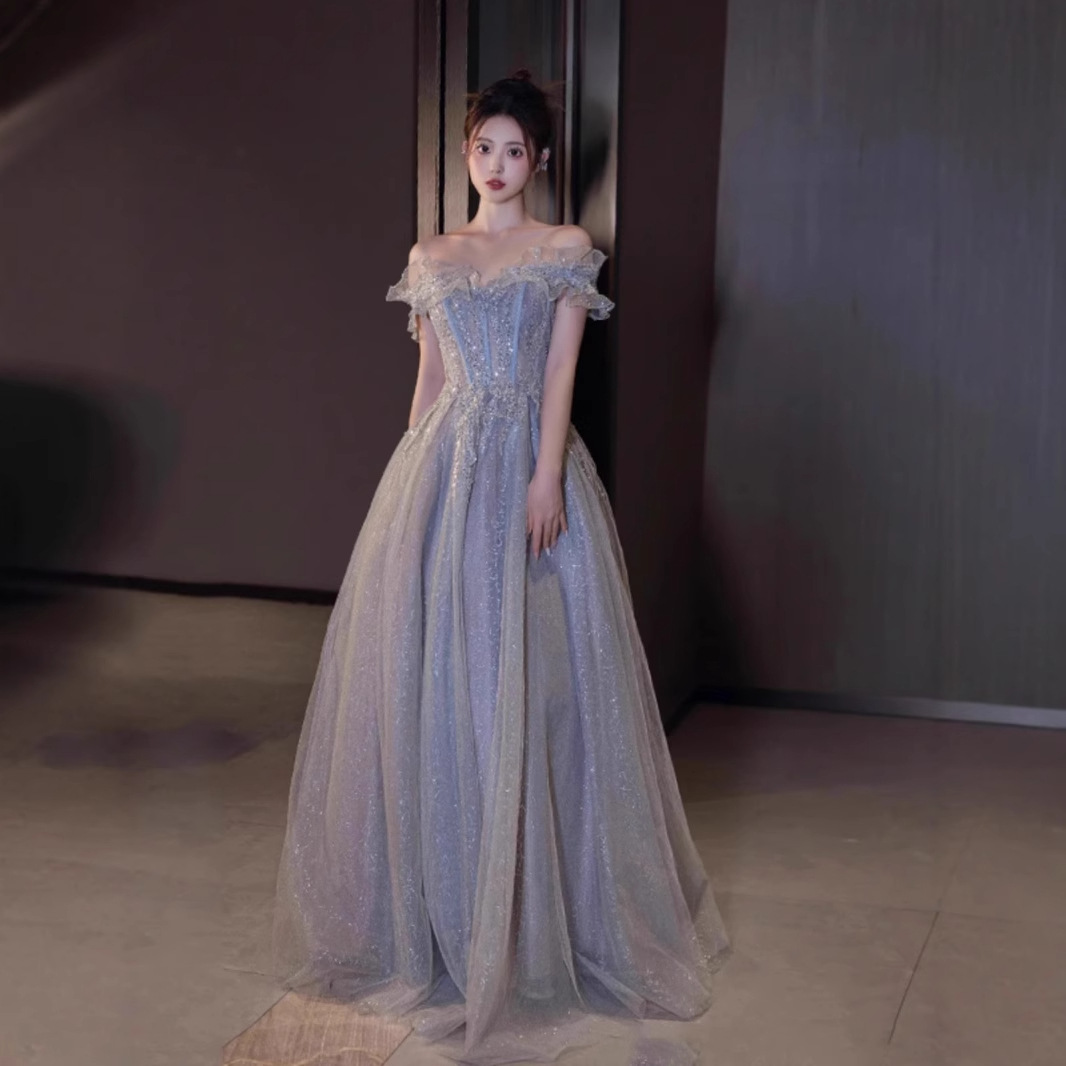 蓝色轻晚礼服2025新款主持人成人礼宴会气质轻奢小众合唱演出服女