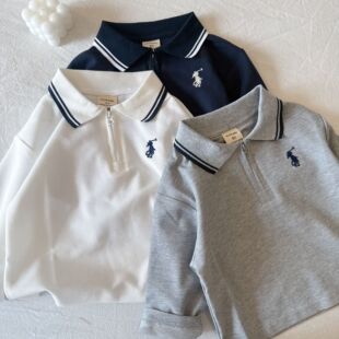 秋季新品男女童POLO衫洋气条纹翻领纯色T恤半拉链纯棉宽松套头衫