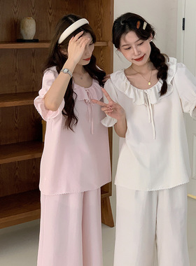 CACA夏款甜心轻纱衣木耳边纯色高级感睡衣女套头宽松可外穿家居服
